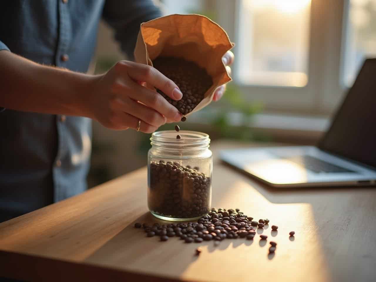 Achat de café en grains en ligne avec ordinateur et sachet de café fraîchement torréfié